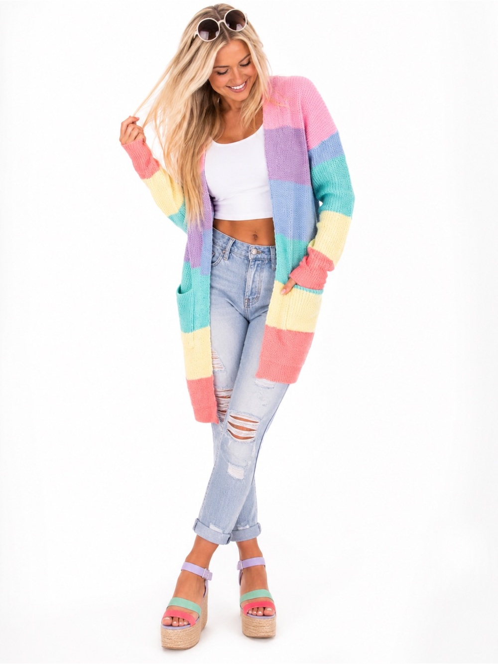 ZESICA XL Pastel Rainbow Colorblock Long Open Front Knit Cardigan Pockets - Picture 6 of 11